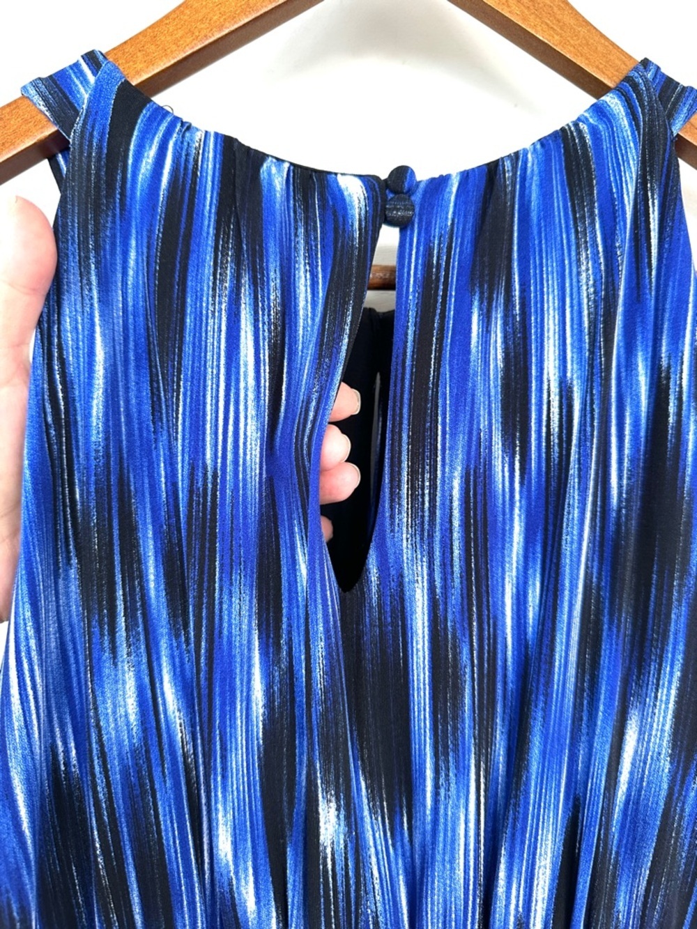 Saks Fifth Avenue “Black” Blue & Black Striped Halter Dress, Maxi, Stretch Knit - Picture 8 of 13